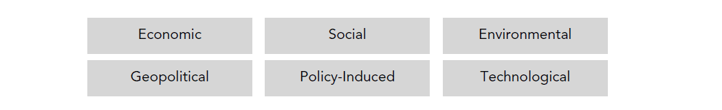 Economic, Social, Environmental, Geopolitical, Policy-Induced, Technological